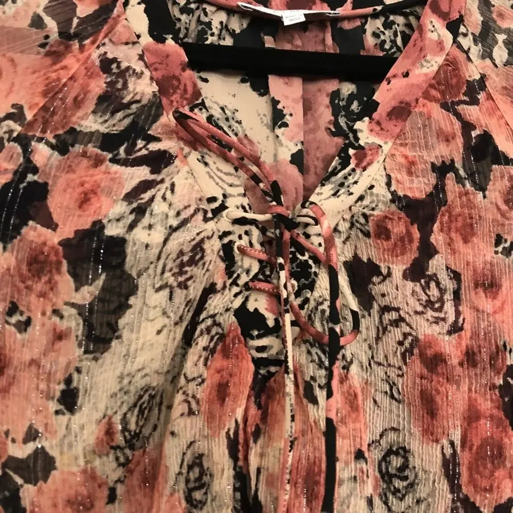 Lucky Brand Ruffled Rose Print Top Lace Up Tiered